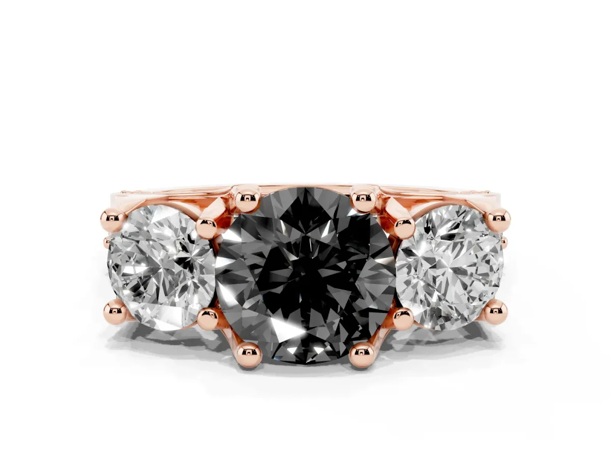 Fancy Black Round Cut Diamond Three-Stone Ring with Channel Set Band and Four-Prong Setting Rose gold