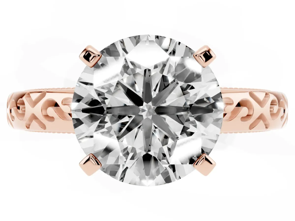 Round Cut Solitaire Engagement Ring with Scrollwork Band and Four-Prong Setting Rose gold
