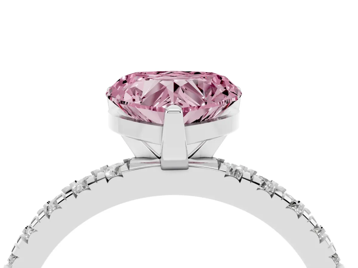 Fancy Pink Heart Cut Diamond Pavé Band Solitaire with Four-Prong Setting Silver