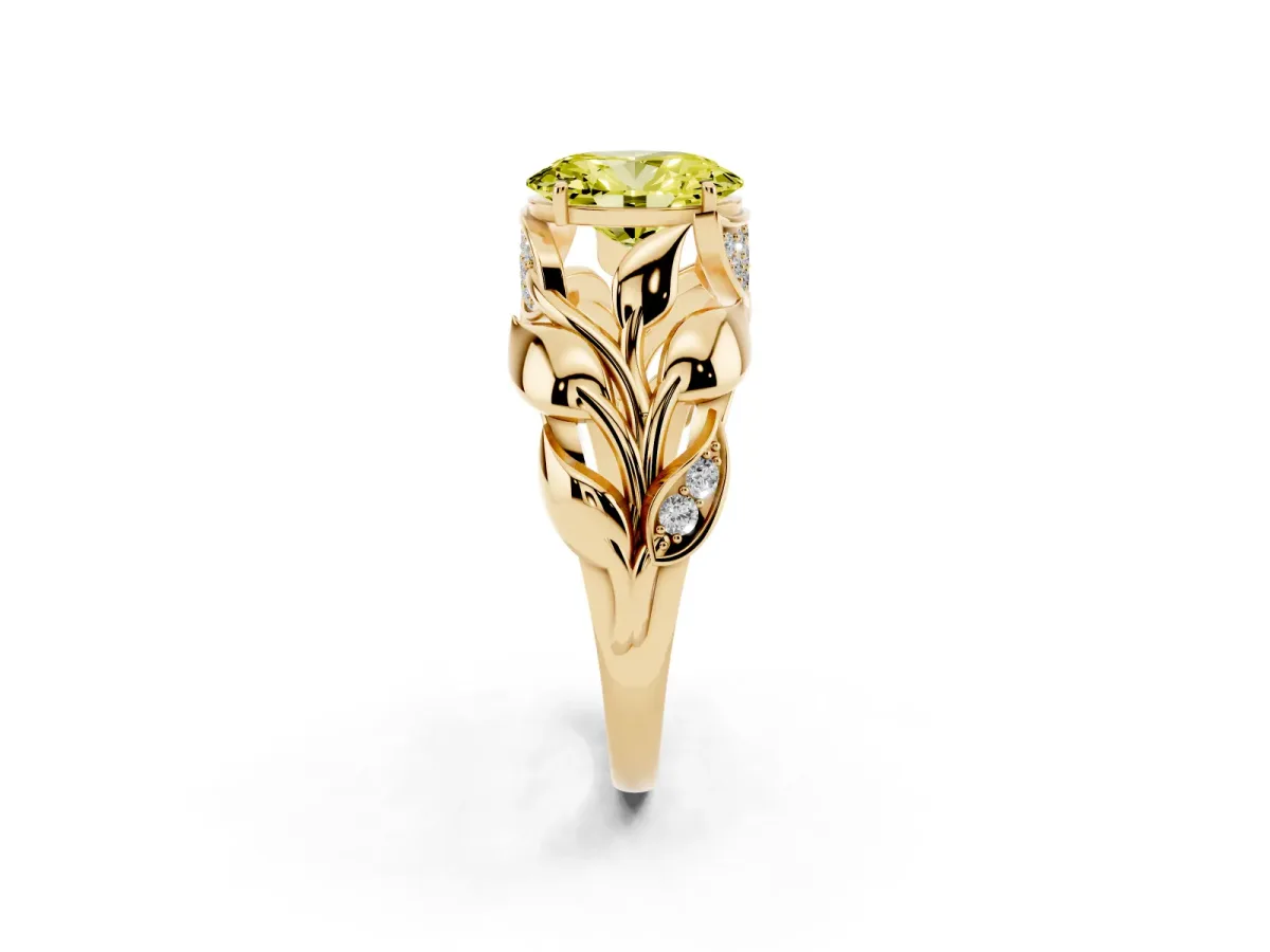 Fancy Yellow Oval Cut Diamond Leaf-Inspired Engagement Ring with Round Accents and Prong Setting Yellow gold