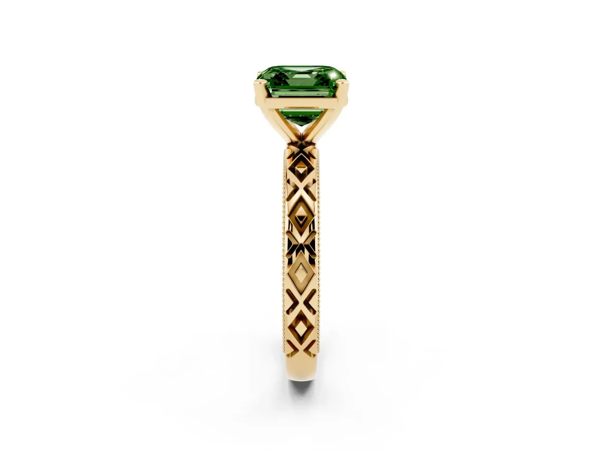 Fancy Green Asscher Cut Solitaire Diamond Ring with Milgrain and Black Enamel X Pattern Band Yellow gold