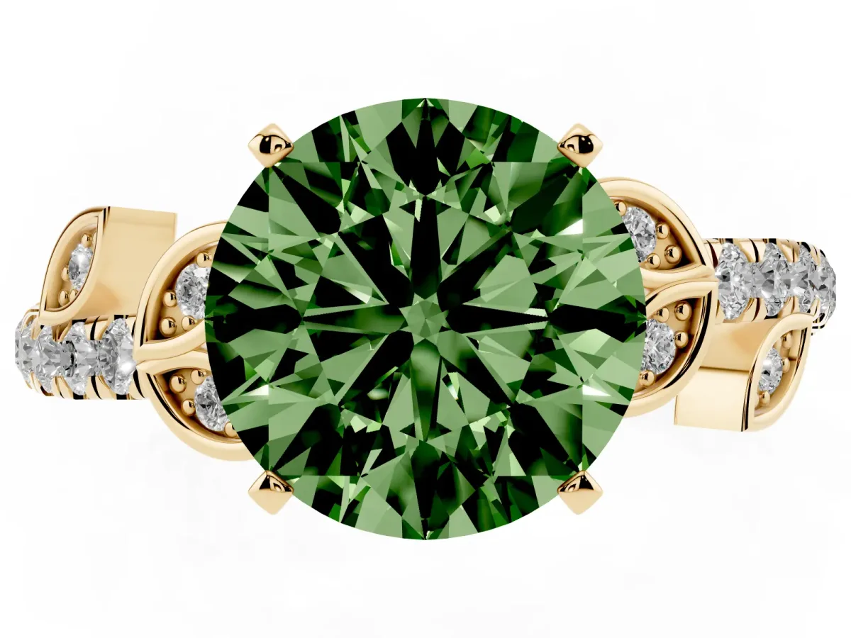 Fancy Green Round Cut Solitaire Leaf-Inspired Diamond Ring with Pavé Band and Four-Prong Setting Yellow gold