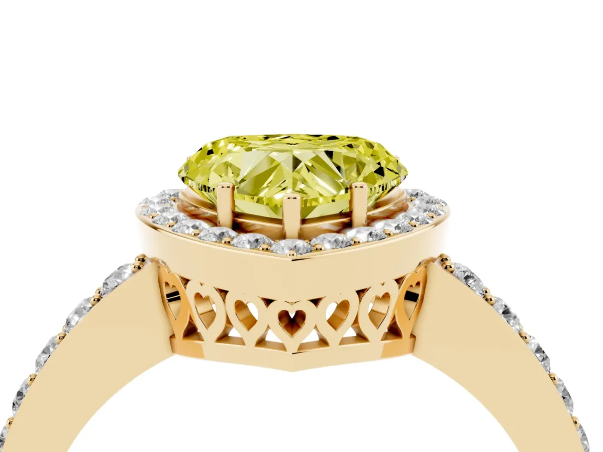 Fancy Yellow Heart Cut Halo Diamond Pavé Band Ring with Prong Setting Yellow gold