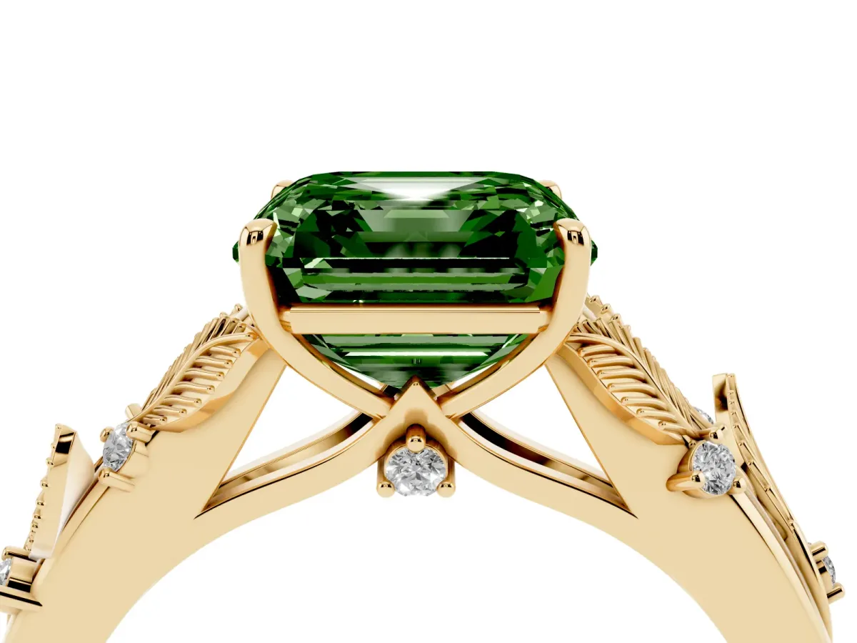 Fancy Green Asscher Cut Diamond Solitaire Ring with Leaf Motif Band and Four-Prong Setting Yellow gold