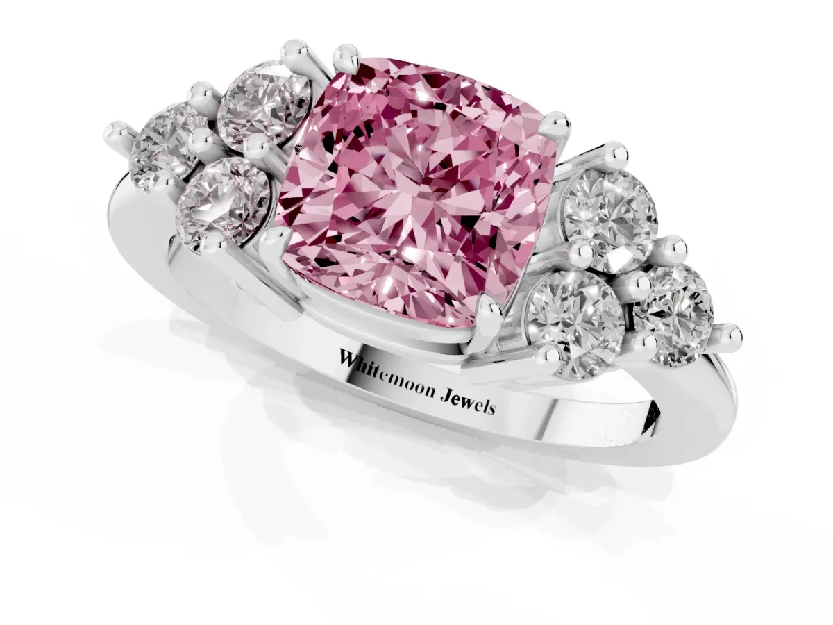 Fancy Pink Cushion Cut Brilliant Diamond Cluster Accent Solitaire Ring with Prong Setting Silver
