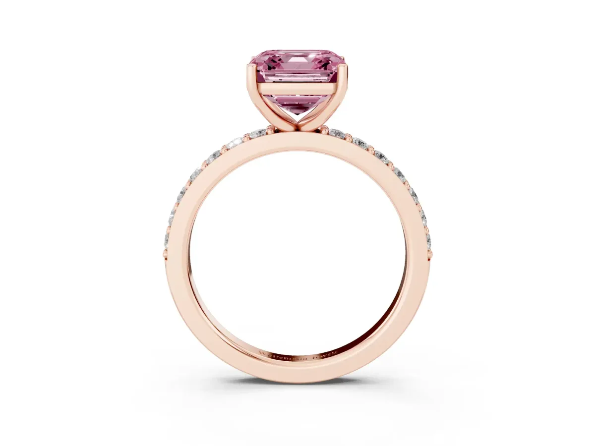Fancy Pink Asscher Cut Cut Diamond Solitaire with Pave Band and Four-Prong Setting Rose gold