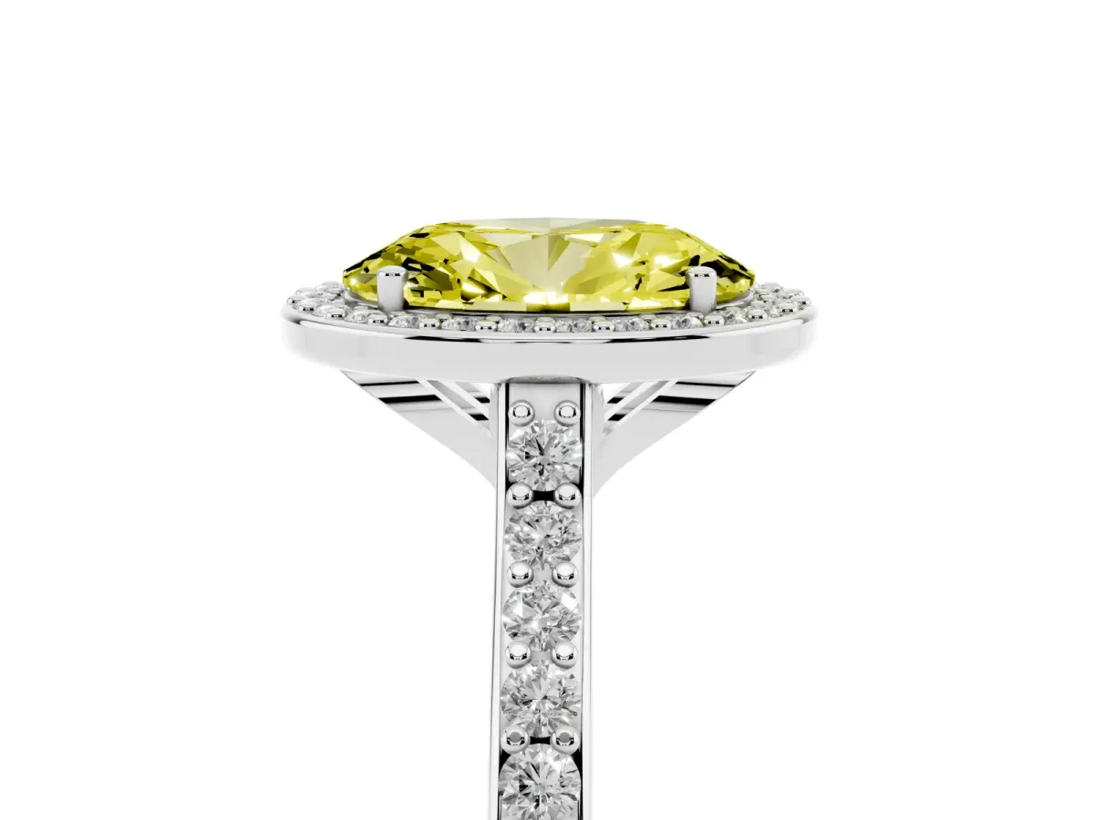 Fancy Yellow Oval Cut Diamond Halo Engagement Ring with Round Pavé Shoulders and Prong Setting White gold