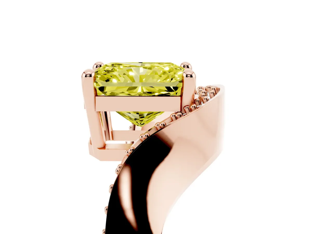 Fancy Yellow Radiant Cut Solitaire Diamond Engagement Ring with Pave Band and Four-Prong Setting Rose gold