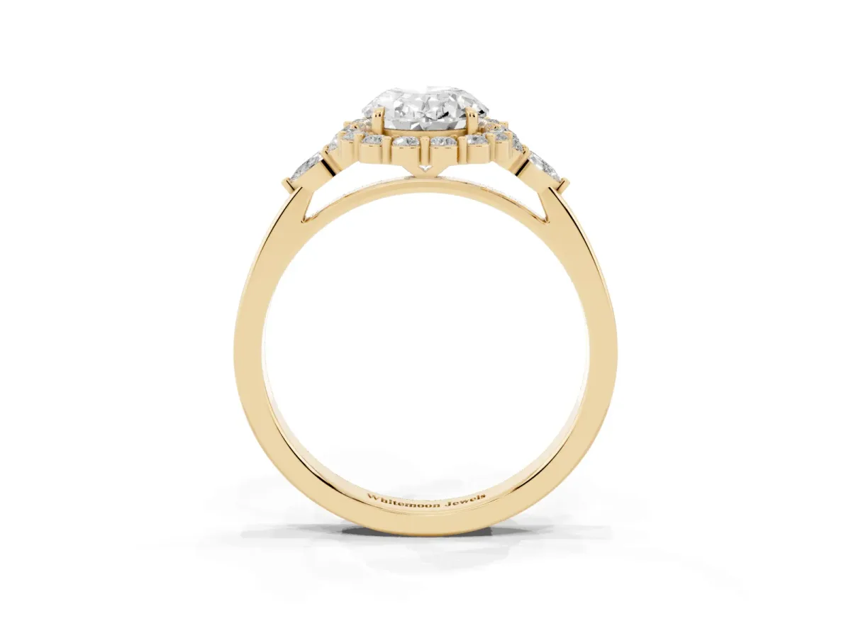 Oval Cut Diamond Halo Ring with Pear Side Stones and Prong Setting Yellow gold