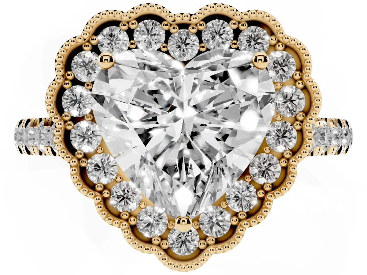 Heart Cut Cut Diamond Milgrain Floral Halo Engagement Ring with Pavé Band Yellow gold