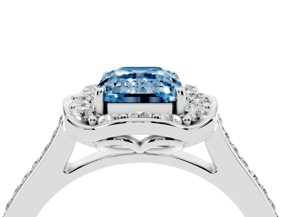 Fancy Blue Emerald Cut Halo Round Diamond Pave Band with Four-Prong Setting Silver