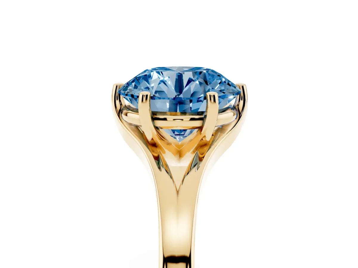 Fancy Blue Round Cut Solitaire Diamond Ring with Six-Prong Setting and Tapered Band Yellow gold
