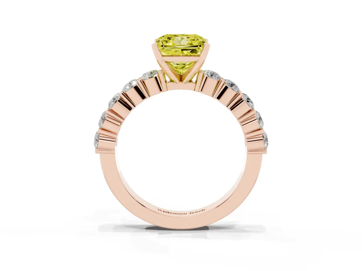 Fancy Yellow Princess Cut Diamond Solitaire Ring with Shared Prong Round Side Stones Rose gold