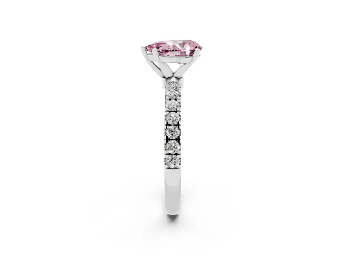 Fancy Pink Pear Cut Diamond Solitaire Ring with Pavé Accents and Four-Prong Setting White gold