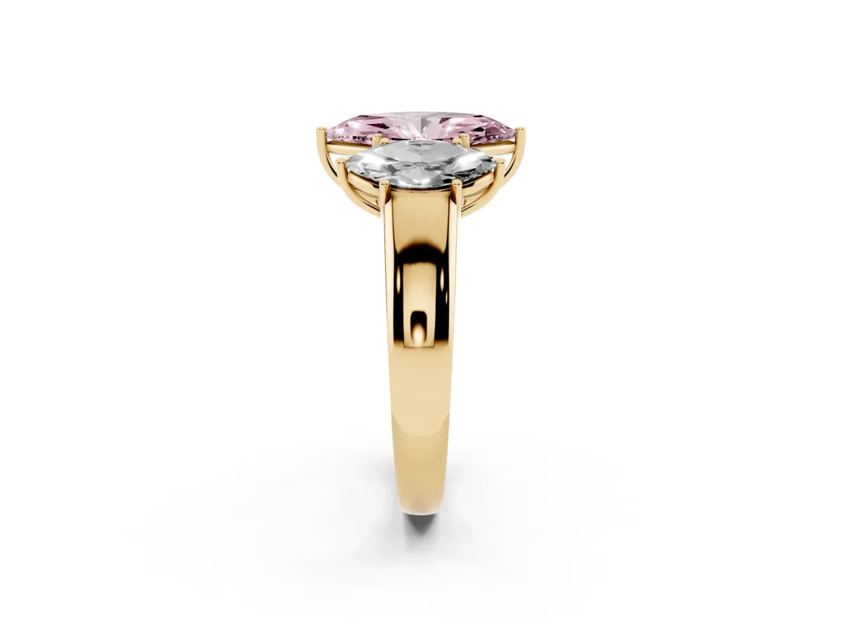 Fancy Pink Three-Stone Marquise Cut Cut Diamond Ring with Prong Setting and Classic Band Yellow gold