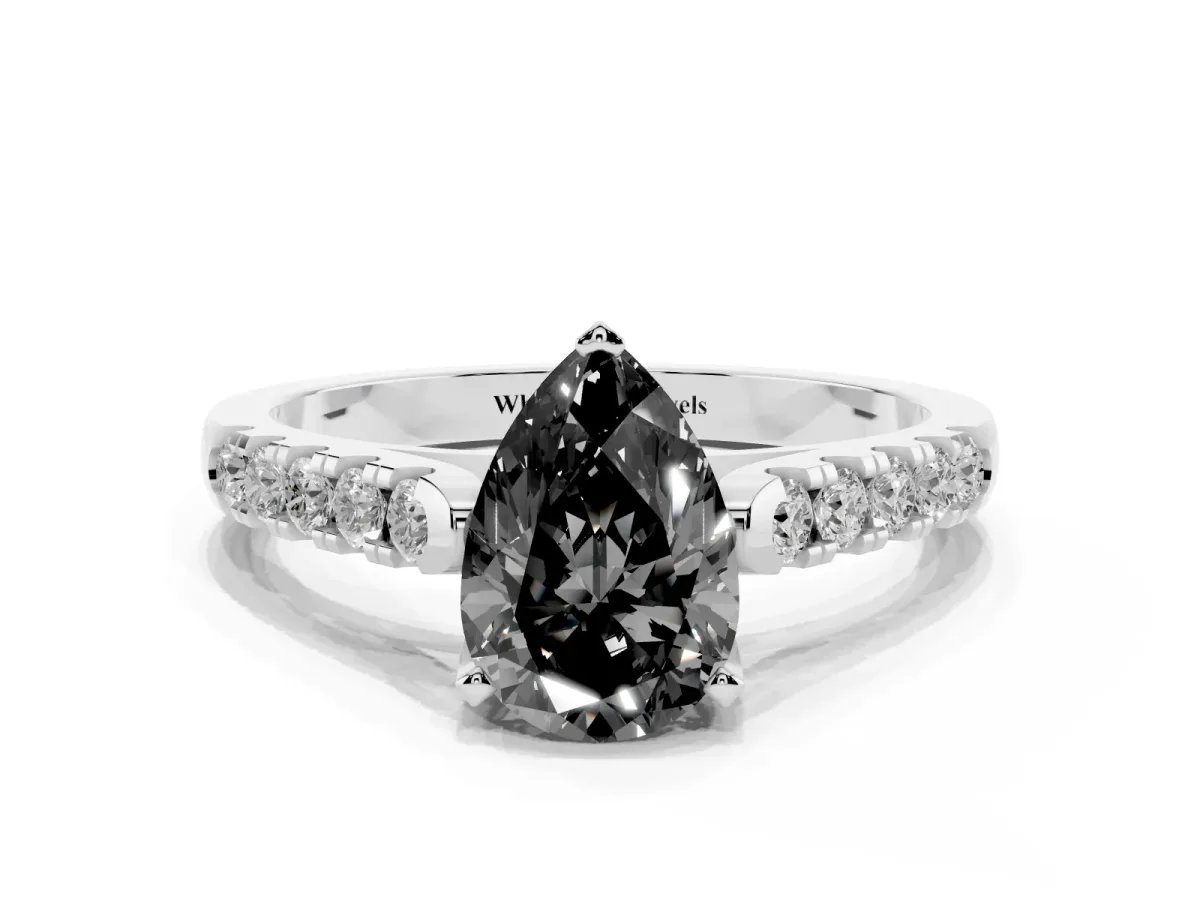 Fancy Black Pear Cut Diamond Pavé Band Solitaire Ring with Prong Setting Silver