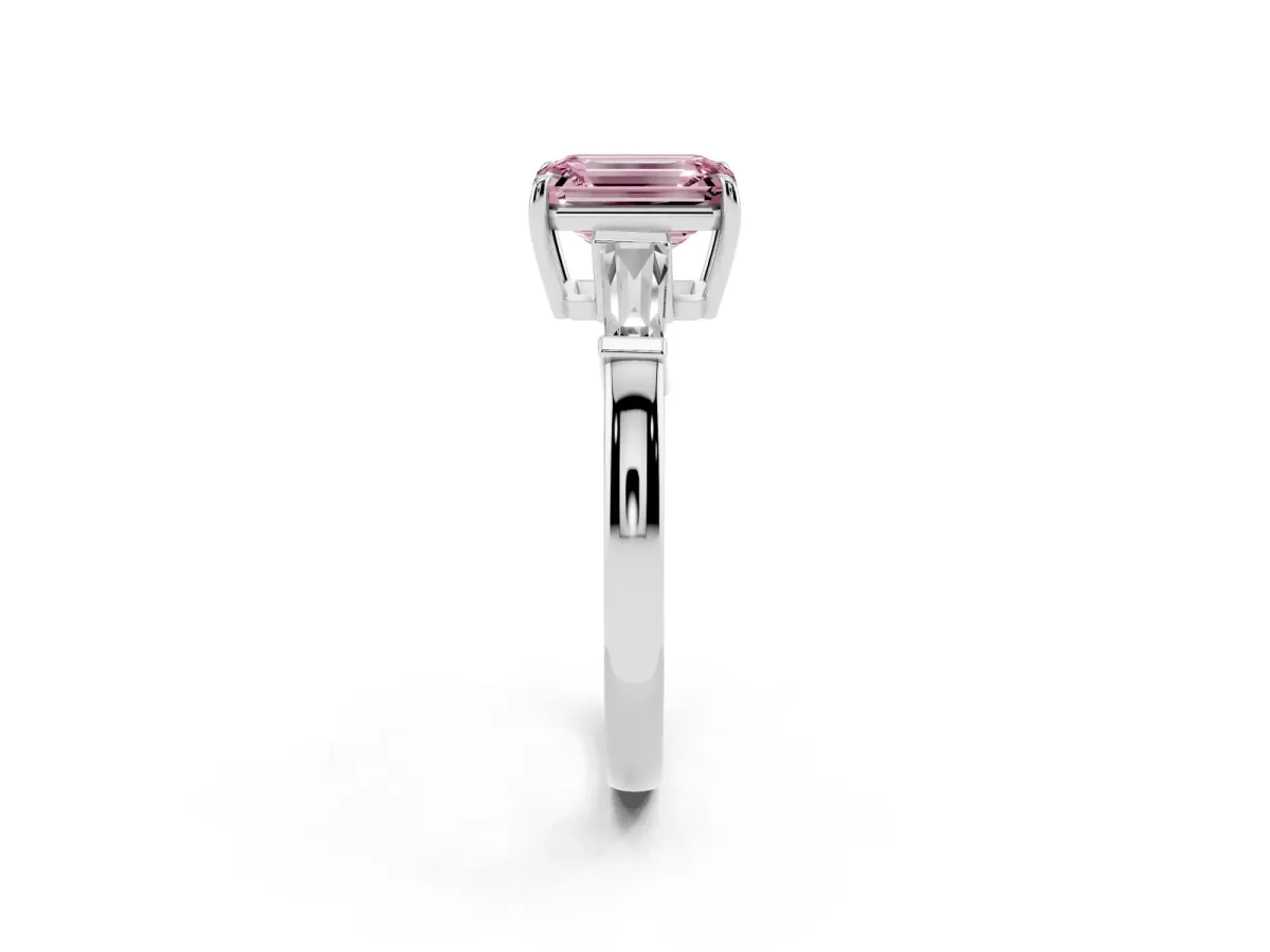 Fancy Pink Emerald Cut Diamond Three-Stone Ring with Tapered Baguette Side Stones and Prong Setting Platinum