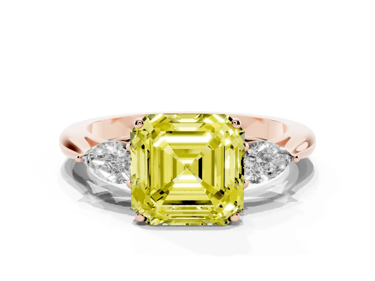 Fancy Yellow Three-Stone Asscher Cut Brilliant Diamond Solitaire Ring with Tapered Band and Four-Prong Setting Rose gold
