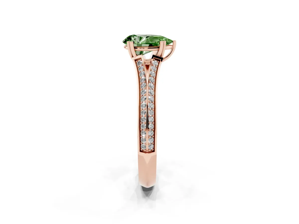 Fancy Green Pear Cut Diamond Split Shank Engagement Ring with Pavé Band Rose gold