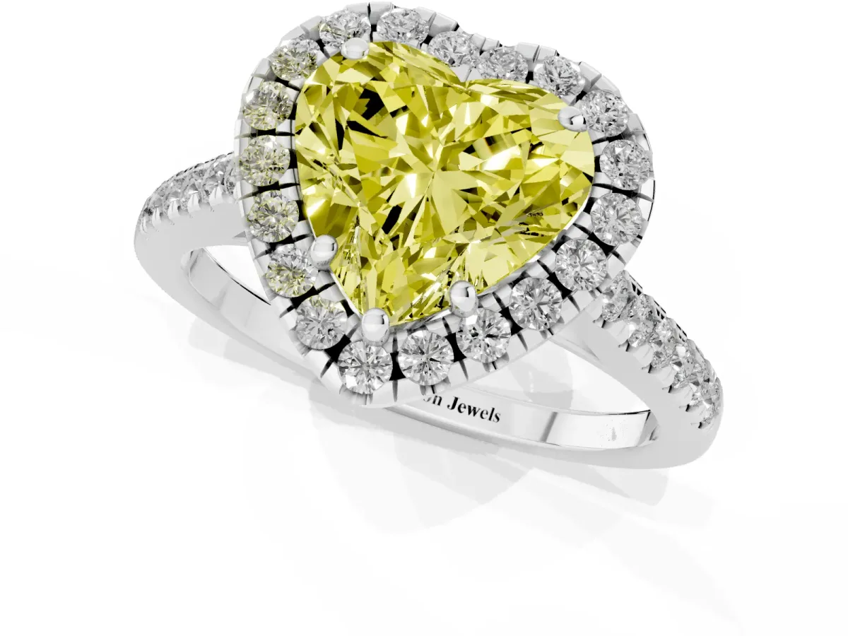 Fancy Yellow Heart Cut Halo Pavé Diamond Engagement Ring with Four-Prong Setting Platinum