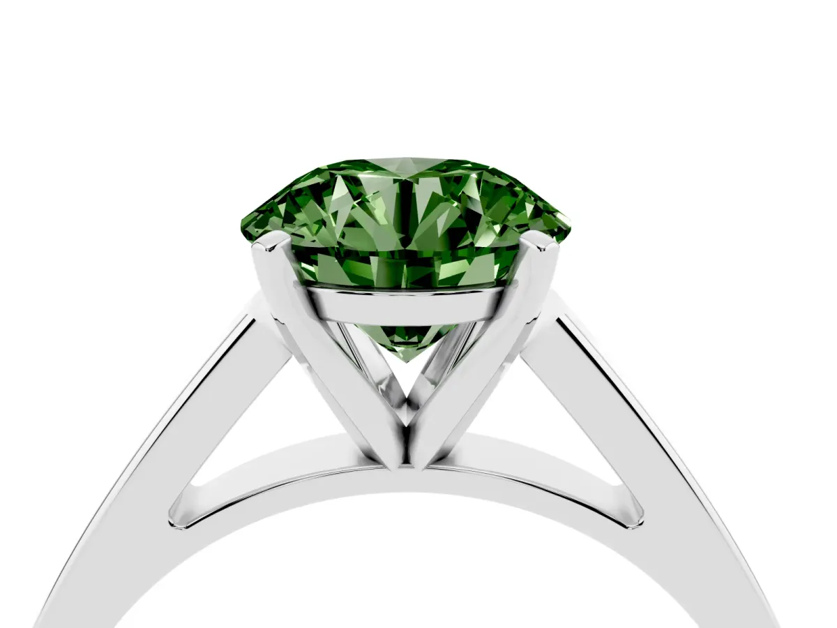 Fancy Green Round Cut Solitaire Engagement Ring with Four-Prong Setting and Tapered Band White gold