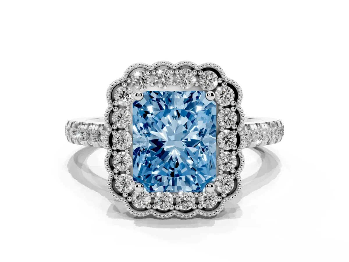 Fancy Blue Radiant Cut Cut Diamond Milgrain Floral Halo Engagement Ring with Pavé Band Silver