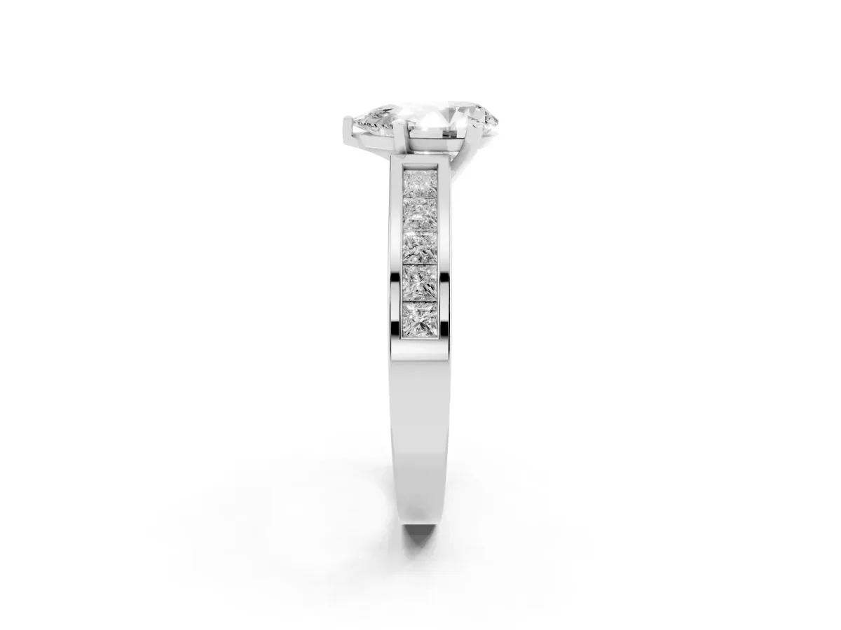 Pear Cut Solitaire Diamond Ring with Channel-Set Band and Four-Prong Setting Silver