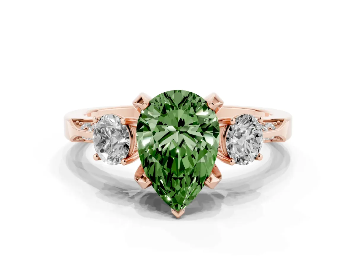 Fancy Green Pear Cut Brilliant Three-Stone Diamond Ring with Pavé Band and Four-Prong Setting Rose gold