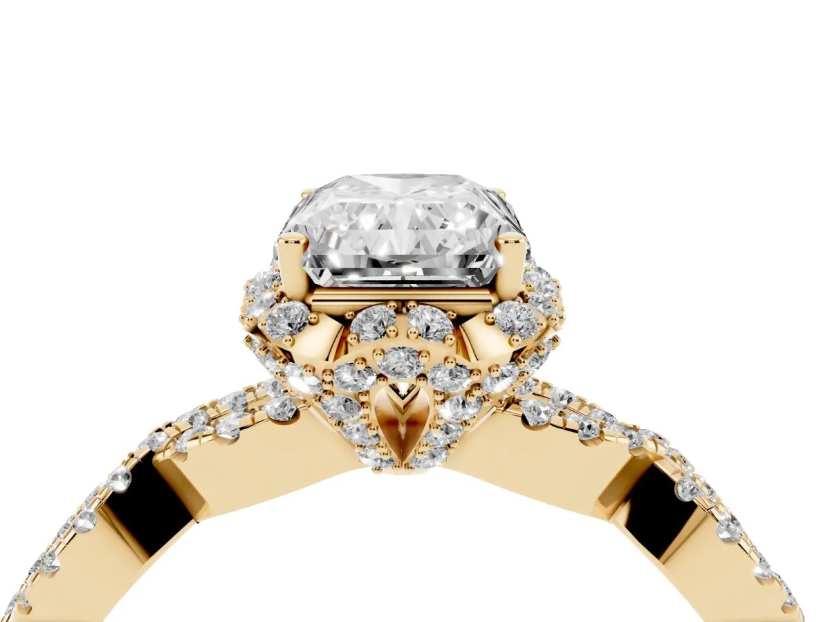 Radiant Cut Halo Twist Band Solitaire Ring with Six-Prong Setting Yellow gold