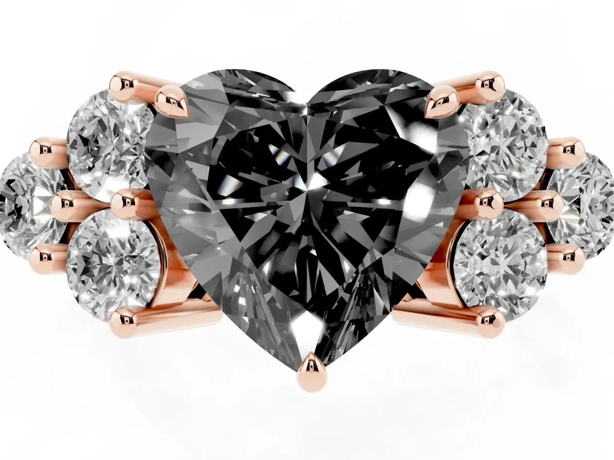 Fancy Black Heart Cut Brilliant Diamond Cluster Accent Solitaire Ring with Prong Setting Rose gold
