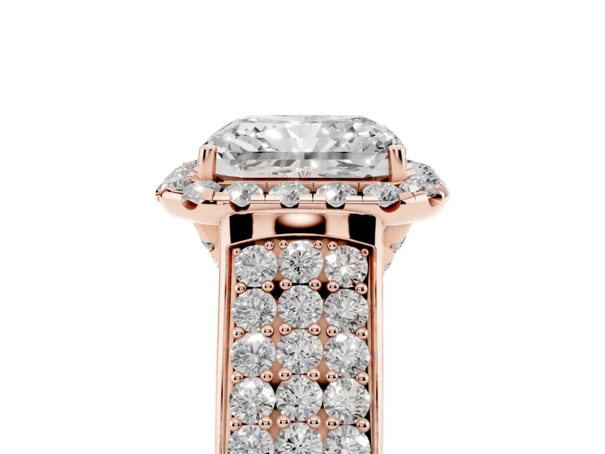 Radiant Cut Halo Round Diamond Pave Band with Prong Setting Rose gold