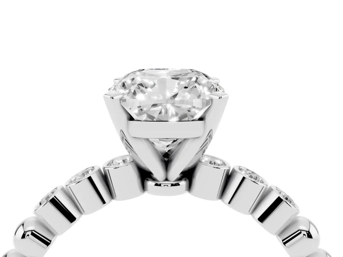 Cushion Cut Solitaire Bezel Accent Diamond Engagement Ring with Beaded Band and Four-Prong Setting Silver