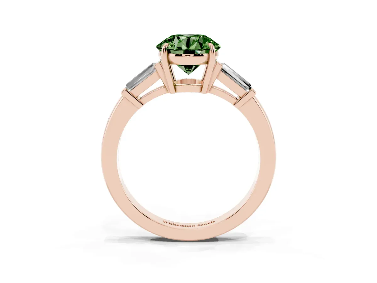 Fancy Green Round Cut Diamond Three-Stone Ring with Tapered Baguette Side Stones and Prong Setting Rose gold
