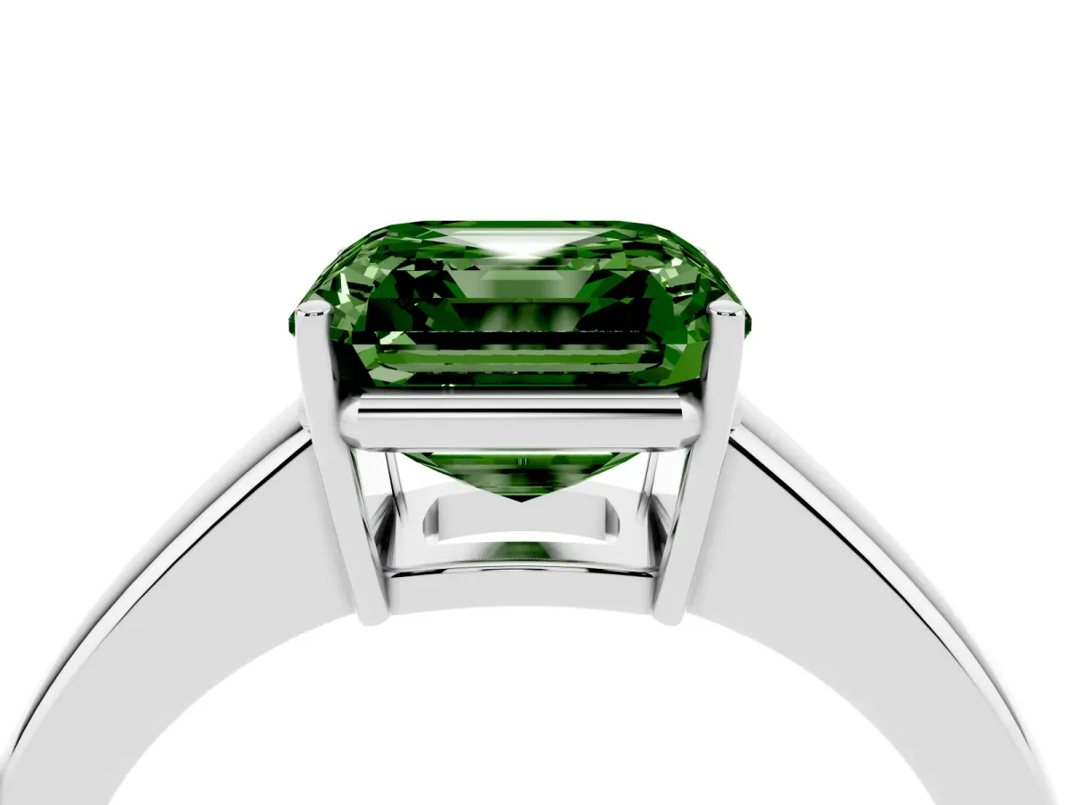 Fancy Green Asscher Cut Solitaire Diamond Ring with Tapered Band and Four-Prong Setting Platinum