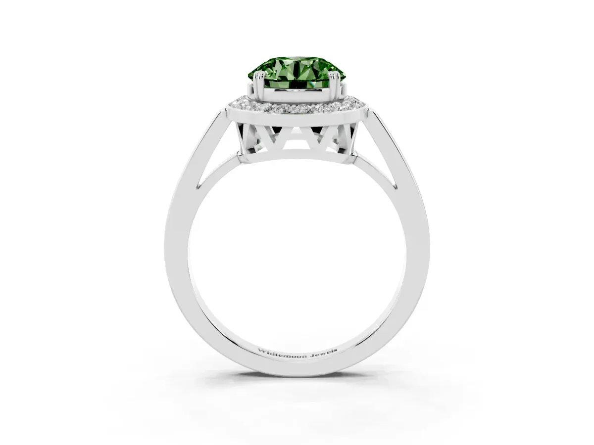 Fancy Green Round Cut Diamond Halo Ring with Split Shank and Four-Prong Setting Silver