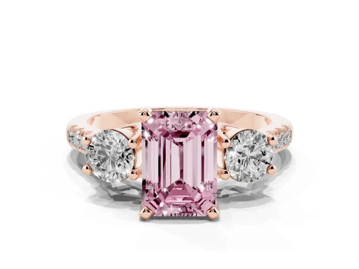 Fancy Pink Three-Stone Emerald Cut Diamond Pavé Band with Four-Prong Setting Rose gold