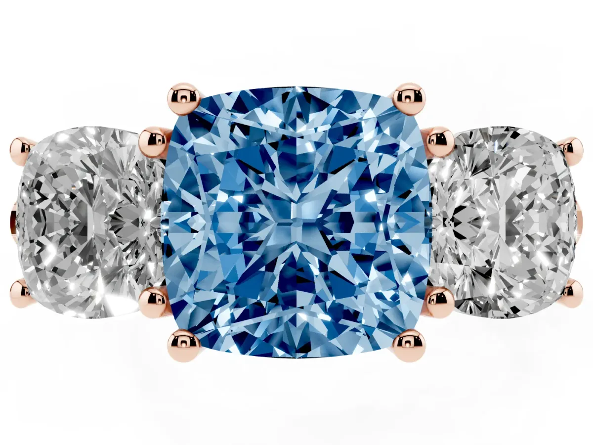 Fancy Blue Three-Stone Cushion Cut Diamond Ring with Round Pavé Band and Prong Setting Rose gold