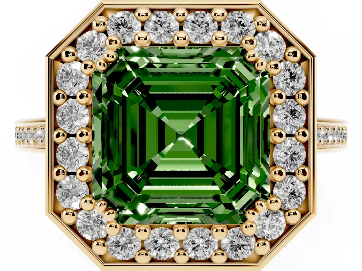 Fancy Green Asscher Cut Diamond Halo Ring with Split Shank and Four-Prong Setting Yellow gold