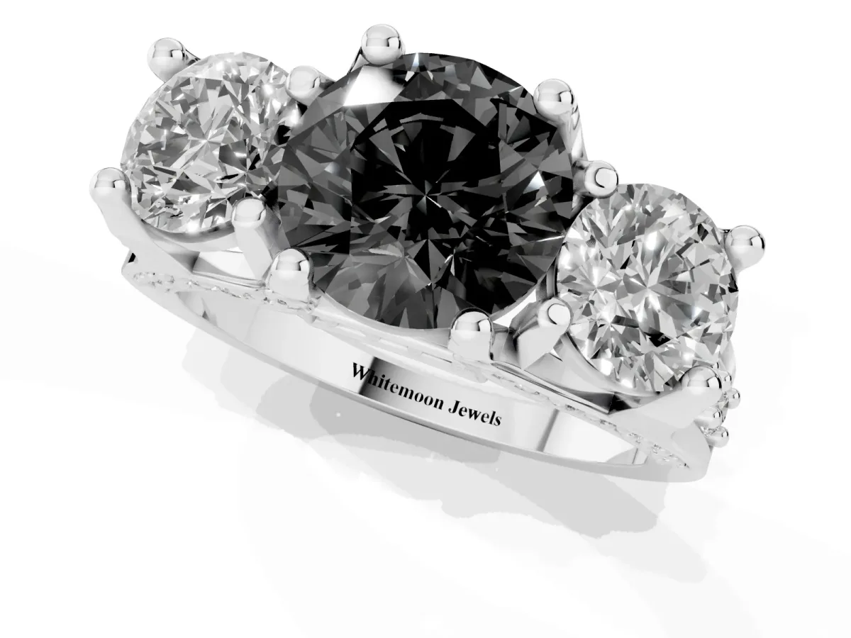 Fancy Black Round Cut Diamond Three-Stone Ring with Channel Set Band and Four-Prong Setting Silver