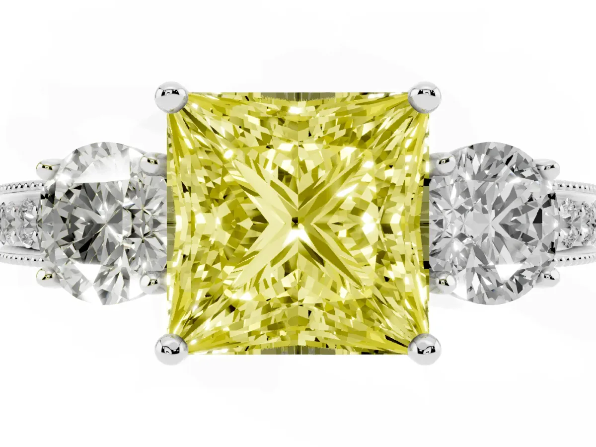 Fancy Yellow Princess Cut Three-Stone Diamond Ring with Pavé Band and Four-Prong Setting Silver