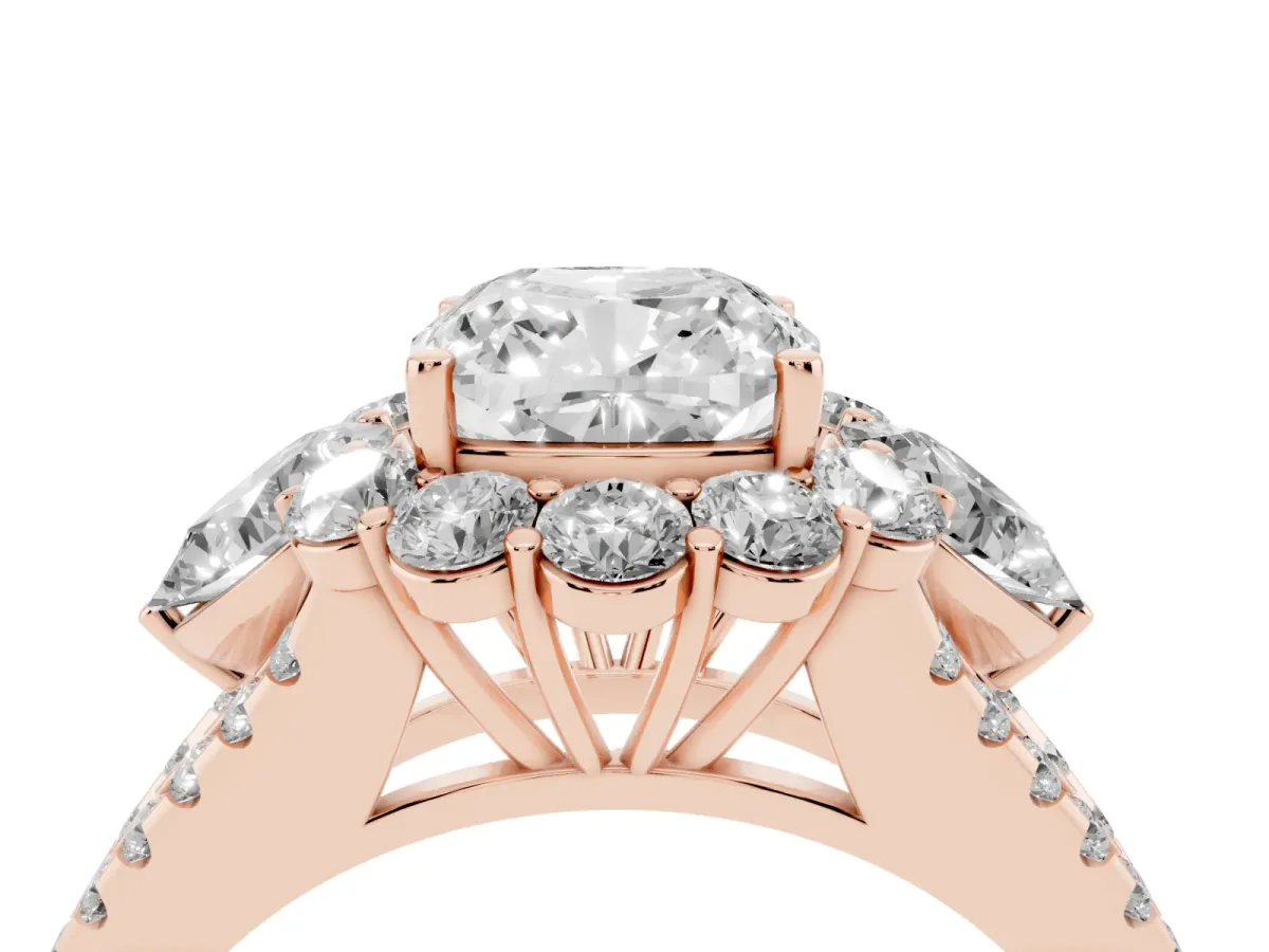 Cushion Cut Halo Split Shank Diamond Engagement Ring with Prong Setting Rose gold