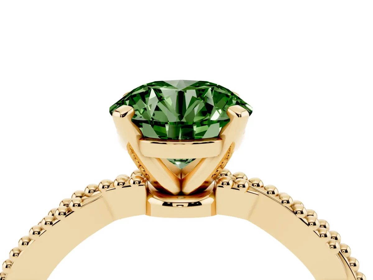 Fancy Green Round Cut Solitaire Twisted Band with Bead Prong Setting Yellow gold