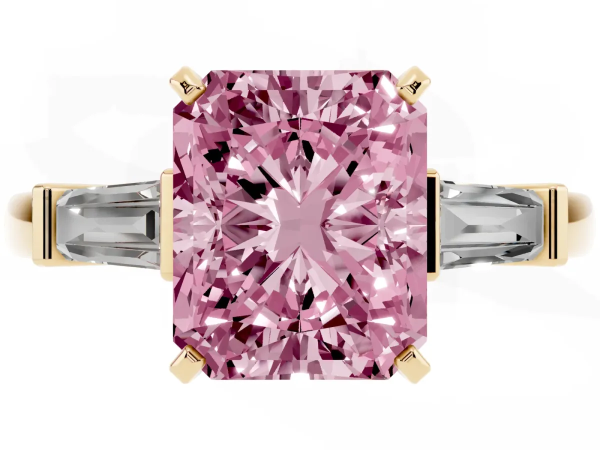 Fancy Pink Radiant Cut Cut Diamond Solitaire Ring with Tapered Baguette Accents and Four-Prong Setting Yellow gold