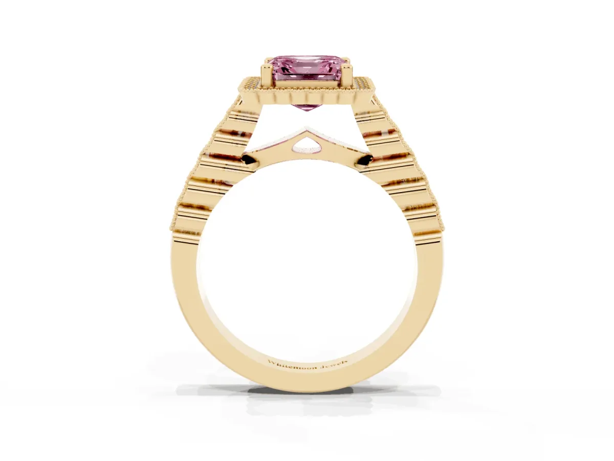 Fancy Pink Asscher Cut Cut Halo Pavé Solitaire Ring with Milgrain Band Yellow gold