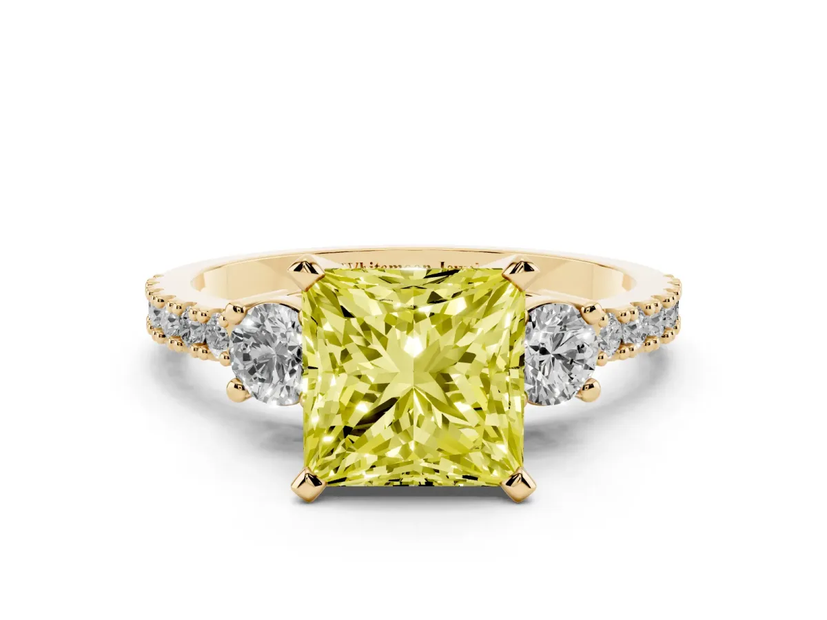Fancy Yellow Princess Cut Three-Stone Diamond Pavé Band with Prong Setting Yellow gold
