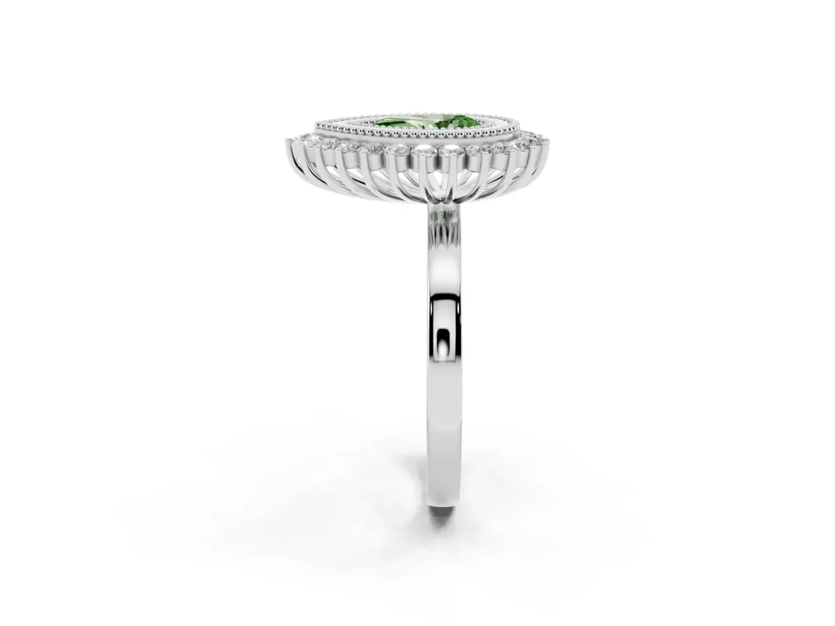 Fancy Green Pear Cut Halo Diamond Ring with Milgrain Edge and Round Prong Setting Silver