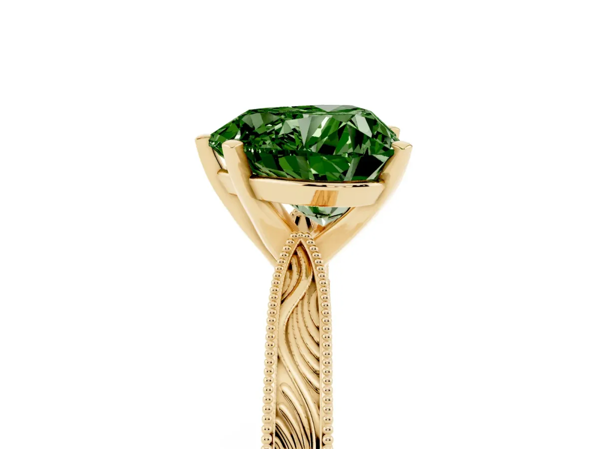 Fancy Green Heart Cut Solitaire Milgrain Engraved Band with Four-Prong Setting Yellow gold