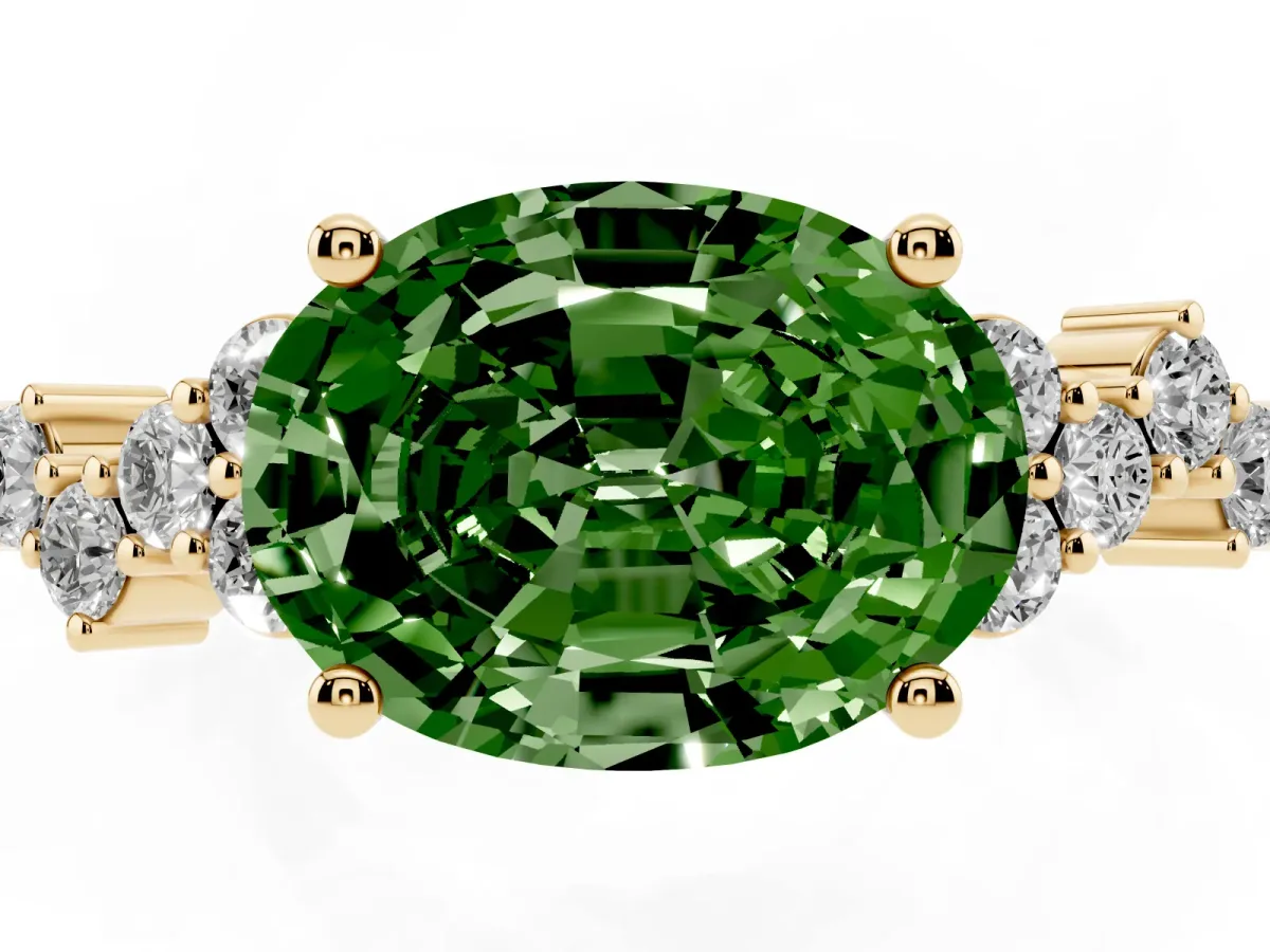 Fancy Green Oval Cut Diamond Scattered Round Accent Ring with Prong Setting Yellow gold