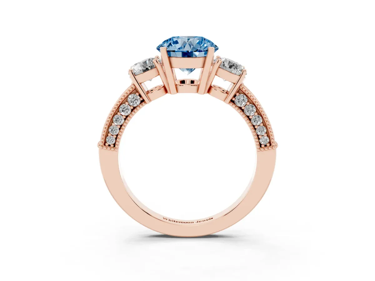Fancy Blue Round Cut Three-Stone Diamond Ring with Pavé Band and Four-Prong Setting Rose gold