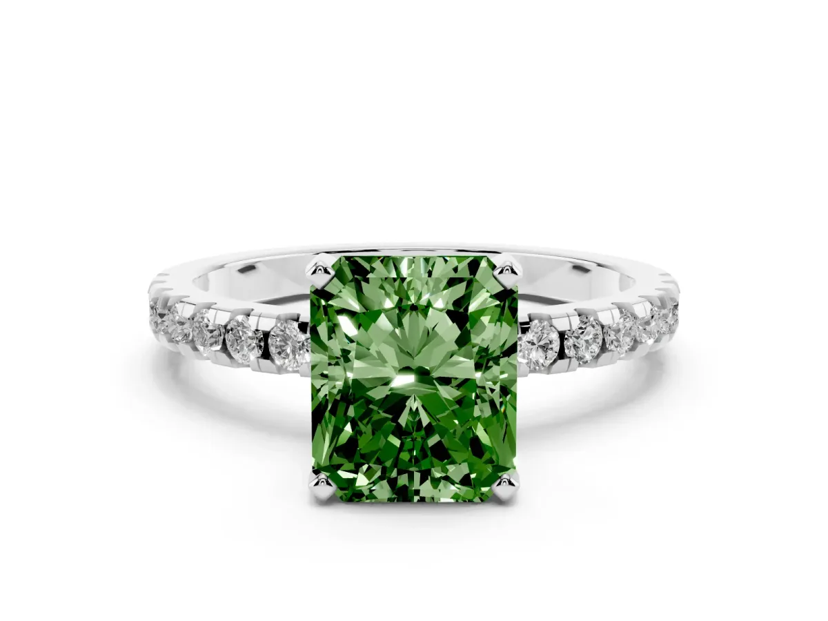 Fancy Green Radiant Cut Diamond Solitaire Ring with Round Pavé Band and Four-Prong Setting Silver